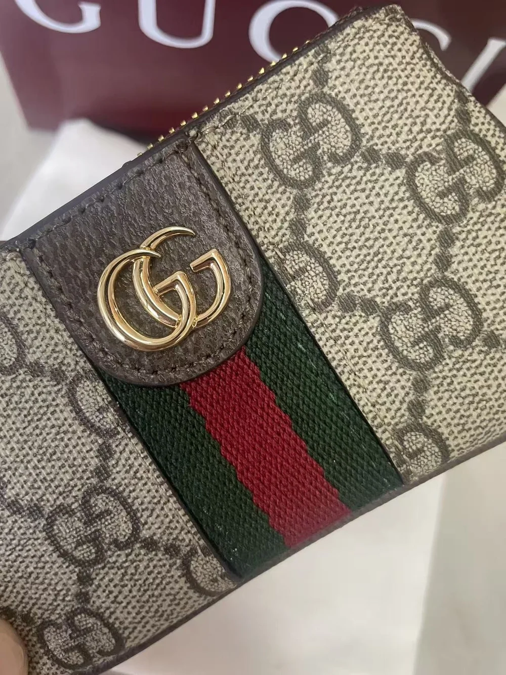 Gucci Brown Beige GG Supreme Web Key & Card Holder with Gold Hardware